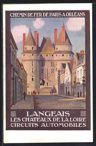 Künstler-AK Chemin de Fer de Paris a Londres, Langeais, Les Chateaux de la Loire, Circuits Automobiles