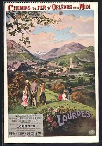 Künstler-AK Lourdes, Panorama, chemins de Fer d`Orleans et du Midi, Tourismus