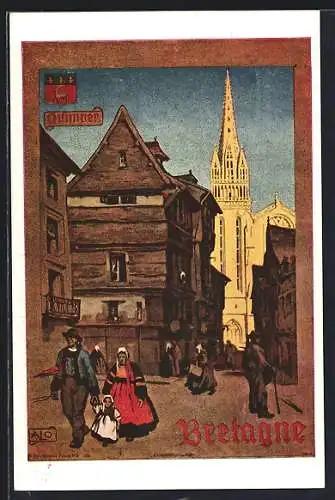 Künstler-AK Quimper, Bretagne, La Cathédral, Anwohner unterwegs, Tourismus