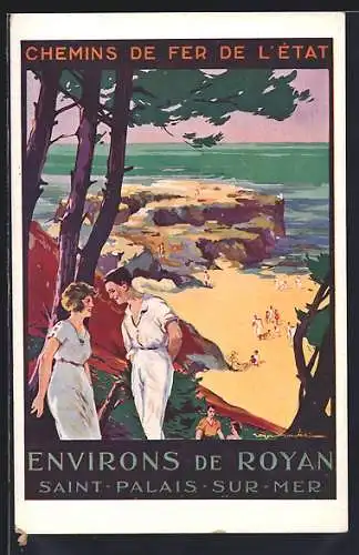 Künstler-AK Saint-Palais-sur-Mer, Blick von der Steilküste auf den Strand