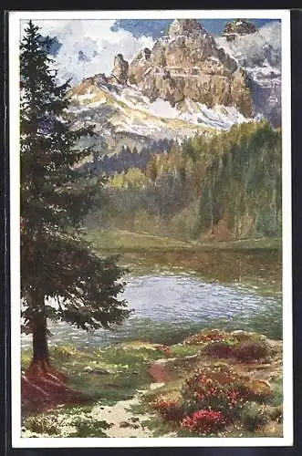 Künstler-AK E.F. Hofecker: Misurinasee mit den drei Zinnen, Deutscher Schulverein