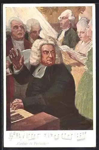 AK Komponist Bach mit Sängern am Klavier, Notenzeile der Pfingstcantate