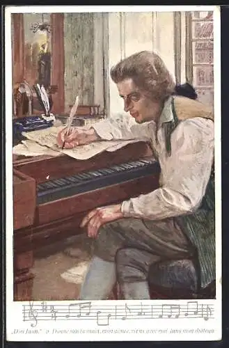 AK Mozart beschreibt am Flügel Notenpapier zu Don Juan