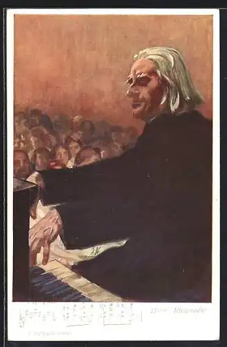 AK Komponist Franz Liszt spielt auf seinem Klavier das Stück Rhapsodie