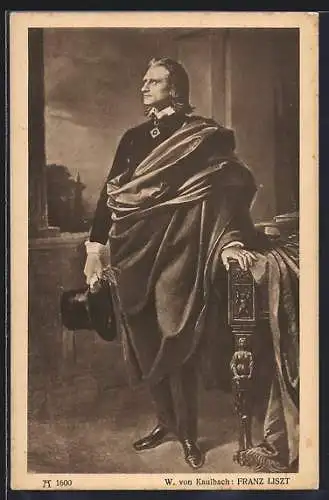 Künstler-AK Franz Liszt mit Umhang an einem Tisch stehend