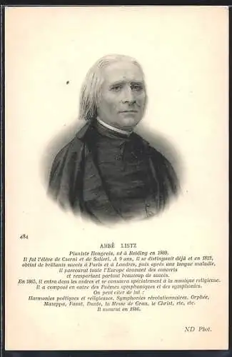 Künstler-AK Portrait Abbé Listz in schwarzer Kleidung