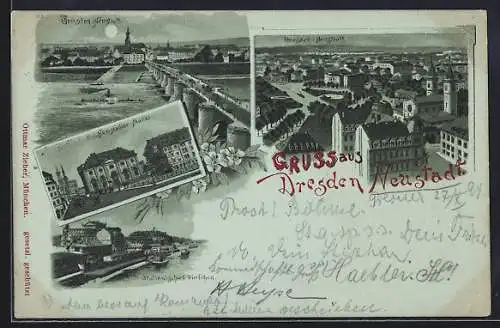 Mondschein-Lithographie Dresden-Neustadt, Teilansicht, Neustädter Markt, Italienisches Dörfchen