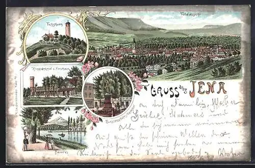 Lithographie Jena, Kriegerdenkmal und Forsthaus, Fuchsturm, Paradies