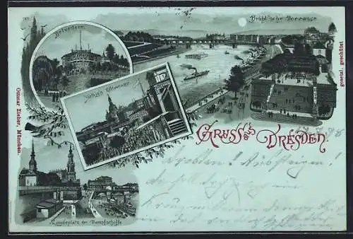 Mondschein-Lithographie Dresden, Brühl`sche Terrasse, Helbigs Elbterrasse, Belvedere