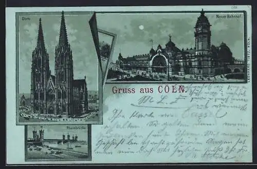 Mondschein-Lithographie Cöln, Neuer Bahnhof, Rheinbrücke, Dom