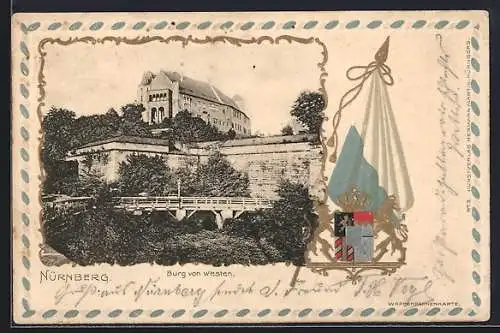 Präge-AK Nürnberg, Blick auf die Burg von Westen, Wappen und Flagge
