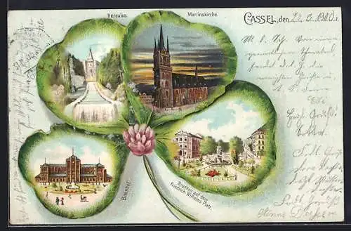 Passepartout-Lithographie Cassel, Bahnhof, Marrinskirche, Brunnen auf dem Friedrich-Wilhelm-Platz