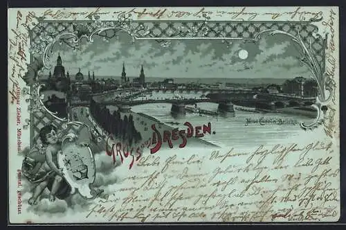 Mondschein-Lithographie Dresden, Neue Carola Brücke und Wappen