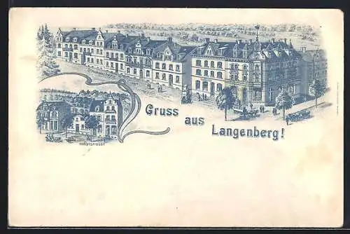 Lithographie Langenberg / Velbert, Schwanenstrasse mit Pferdewagen, Hauptstrasse