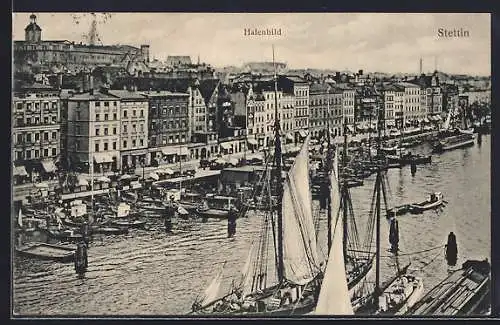 AK Stettin, Hafenbild mit Segelschiffen, Uferpanorama