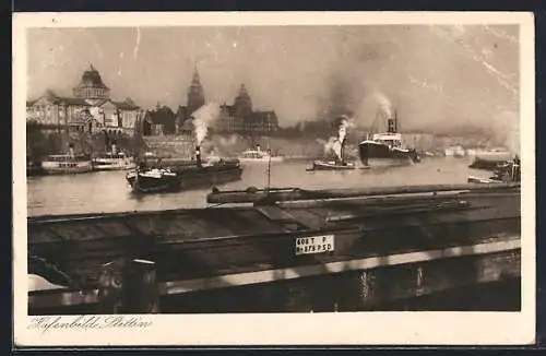 AK Stettin, Hafen mit Dampfern