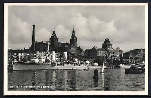 AK Stettin, Kriegsschiff am Bollwerk