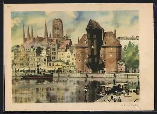 Künstler-AK Danzig-Gdansk, Krantor-Partie mit Dampfer davor, von A. Höfer