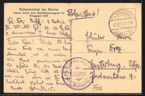 AK Selens, Schwimmbad erbaut durch eine Sanitätskompagnie im Kriegsjahr 1915