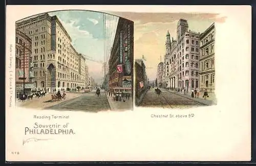 Lithographie Philadelphia, PA, Chestnut St. above 9th, Reading Terminal, Strassenbahn