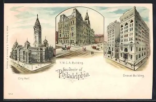 Lithographie Philadelphia, PA, City Hall, Y. M. C. A. Building, Drexel Building