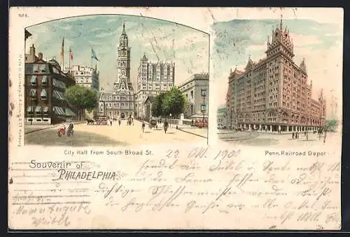 AK Philadelphia, PA, City Hall from South Broad St., Penn. Railroad Depot