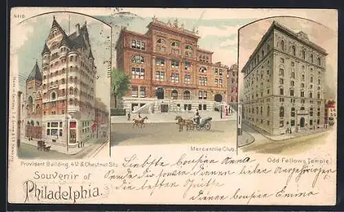 Lithographie Philadelphia, PA, Provident Building 4th & Chestnut Sts., Mercantile Club, Odd Fellows Temple