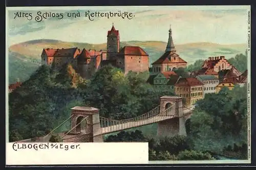 Lithographie Elbogen a. d. Eger, Altes Schloss mit Kettenbrücke