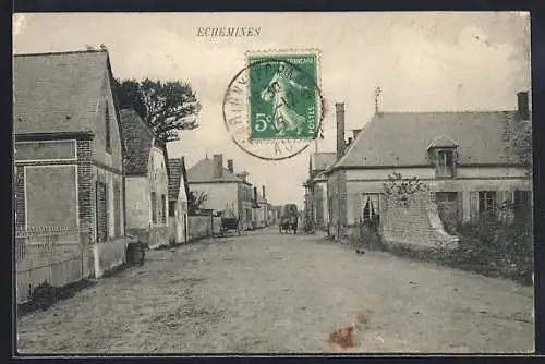 AK Échemines, Rue principale avec bâtiments traditionnels et charrette