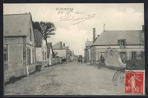 AK Échemines, Rue du village avec charrette et maisons alignées