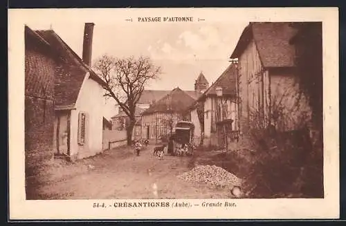 AK Crésantignes, Grande Rue en automne avec arbres et charrette