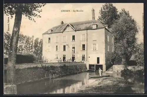 AK Chessy, Le Moulin et la rivière avec barque