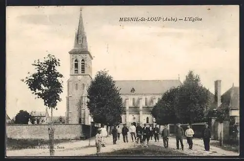 AK Mesnil-Saint-Loup, L`église et les villageois sur le chemin
