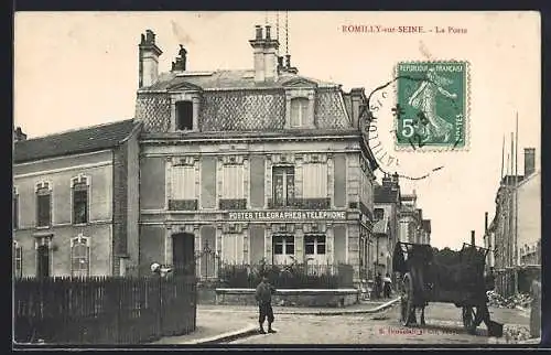 AK Romilly-sur-Seine, La Poste et bureau de télégraphe avec charrette à cheval