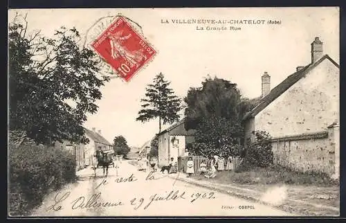AK Villeneuve-au-Châtelot, La Grande Rue avec chevaux et charrette