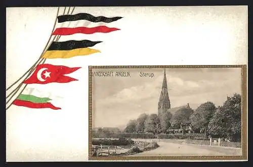 AK Sterup, Landschaft Angeln, Blick in den Ort mit Flaggen