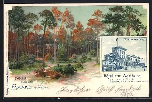 Lithographie Hamburg-Heimfeld, Hotel zur Wartburg, Partie aus der Haake