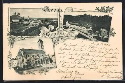 AK Kraiburg a. Inn, Pfarrkirche, Kunstmühle Reiching und Blick über den Ort