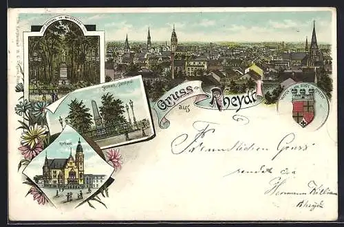 Lithographie Rheydt, Rathaus, Bismarckdenkmal, Denkmal im Kaiserpark, Ortspanorama