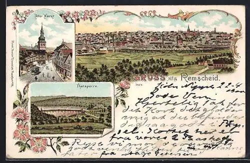 Lithographie Remscheid, Thalsperre, Alter Markt und Blick über den Ort