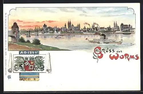 Lithographie Worms, Stadtpanorama mit Brücke u. Dampfer, Wappen, 1899