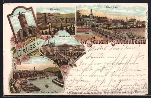 Lithographie St. Johann-Saarbrücken, Ortsansicht, Neue Brücke, Denkmal auf dem Winterberg