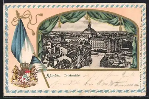 Präge-AK München, Blick auf den Justizpalast mit Wappen und Fahne