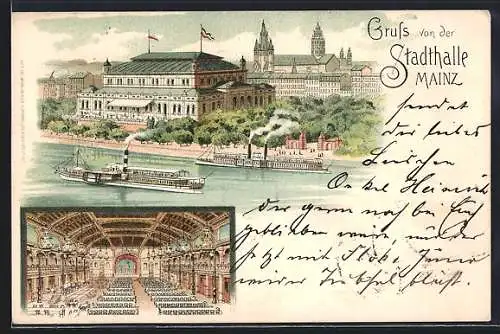 Lithographie Mainz, Stadthalle mit Flusspartie und Dampfern