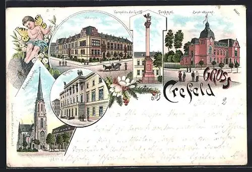 Vorläufer-Lithographie Crefeld, 1895, Landrathsamt, Friedenskirche und Rathaus