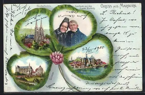 Passepartout-Lithographie Marburg, Elisabethkirche und Landleute aus dem Kreise Marburg