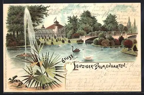 Lithographie Leipzig, Teichpartie im Palmengarten