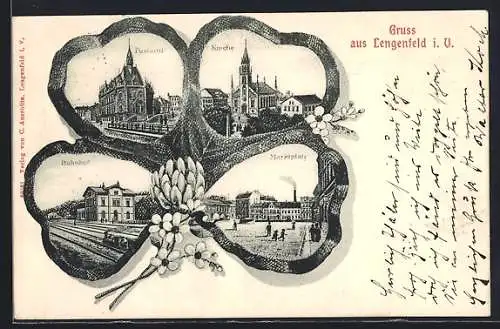 Lithographie Lengenfeld i. V., Bahnhof, Kirche, Marktplatz, Postamt