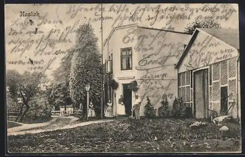 AK Hasloh, Drei Frauen und ein Mann vor einem Haus