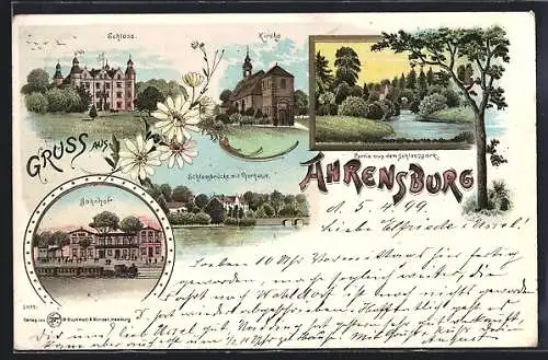Lithographie Ahrensburg / Holstein, Bahnhof, Schloss, Kirche, Schlosspark
